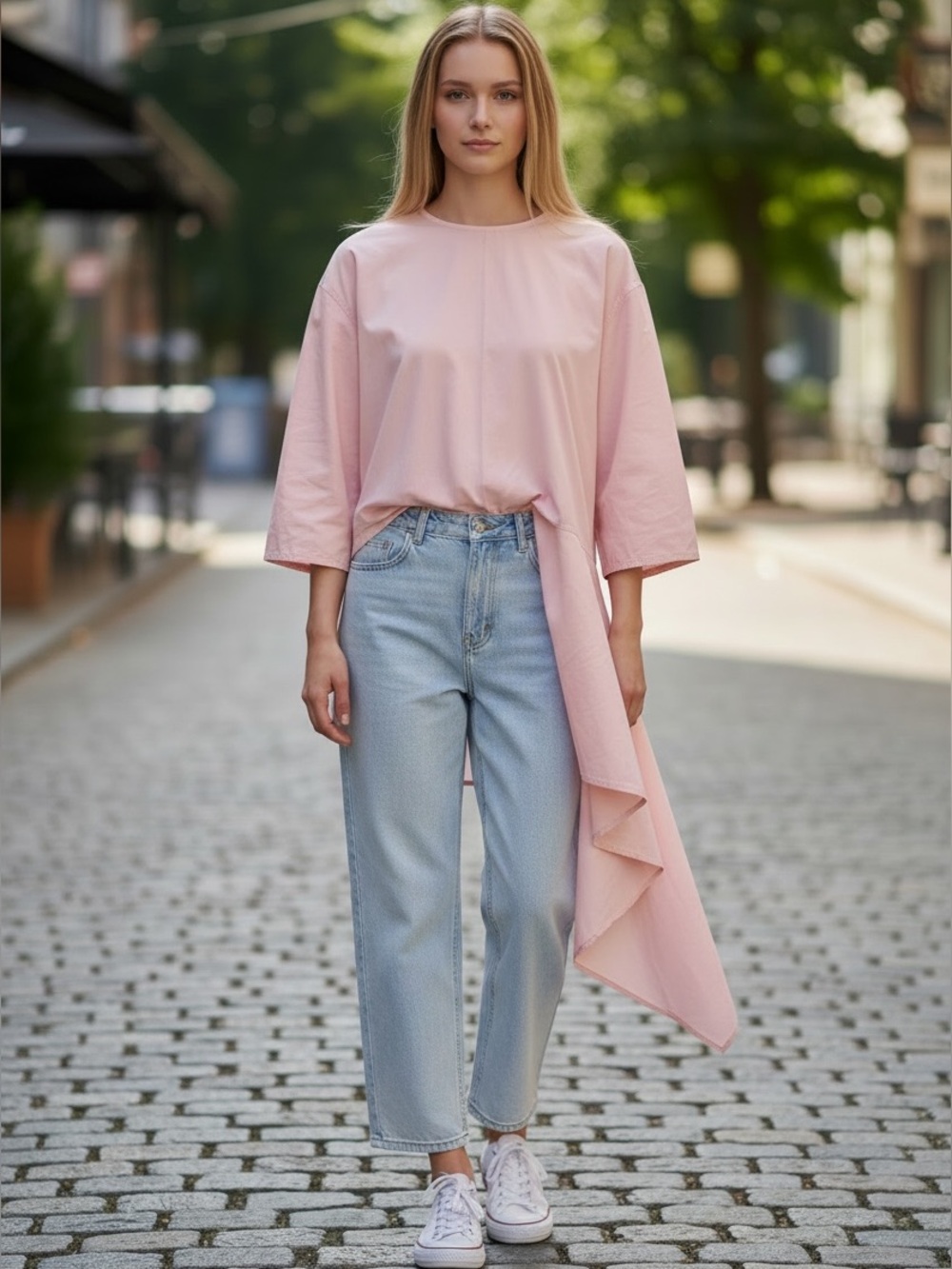 Sofie D’Hoore Pink Cotton Asymmetrical Side Tie Blouse 3/4 Sleeve Minimalist 36